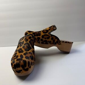J.Crew Leopard Print Calf Hair Wooden Clogs Mules Womens 6.5 Retro Mod Wife
